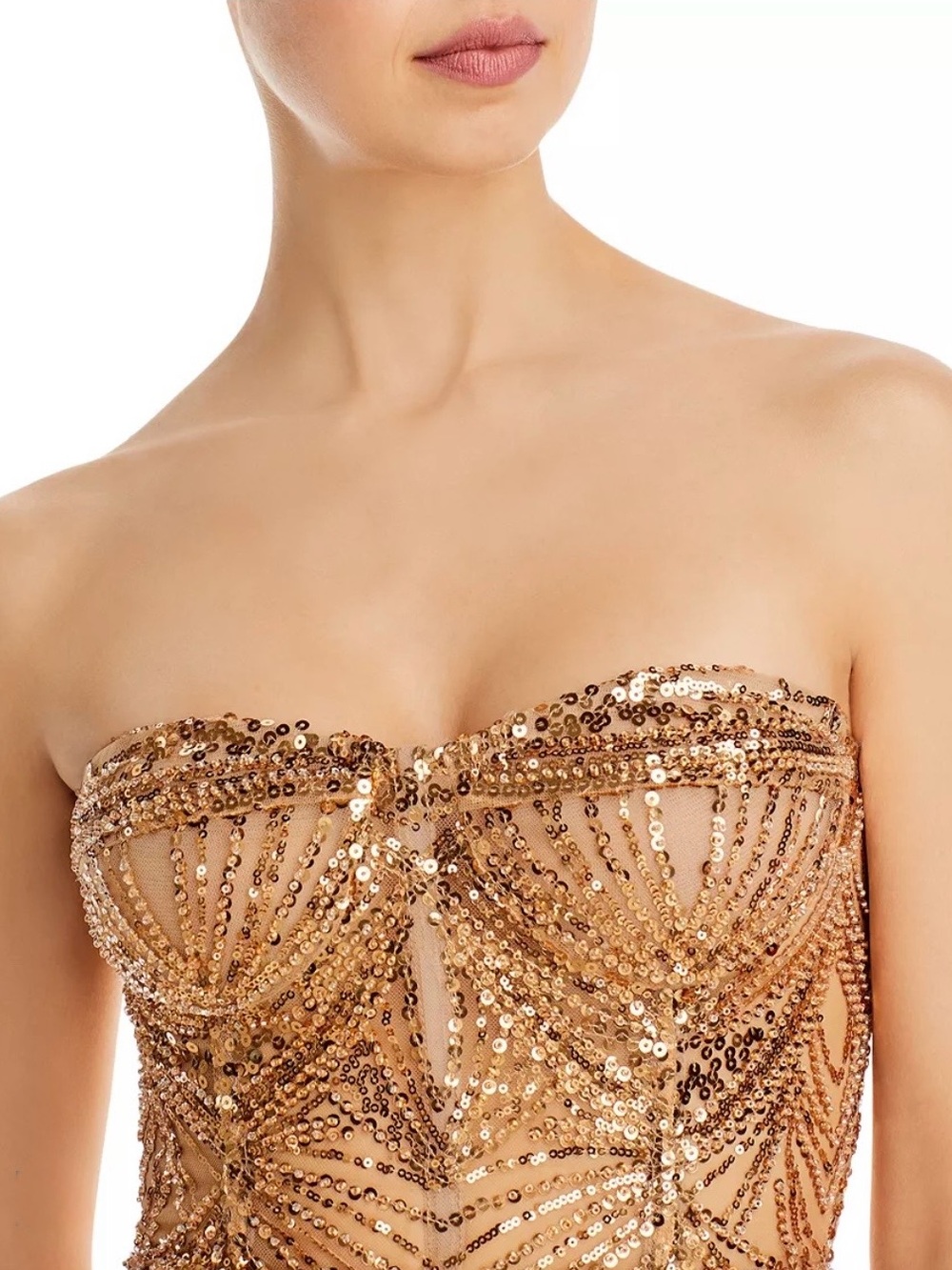 BRONX AND BANCO Giselle Strapless Sequin Midi Dress - Gold Party Cocktail Gown - Picture 2 of 16